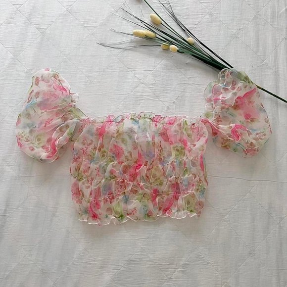 SNDYS the Label Tops - SOLD! SNDYS the Label Bright Lights Floral Puff Crop Top